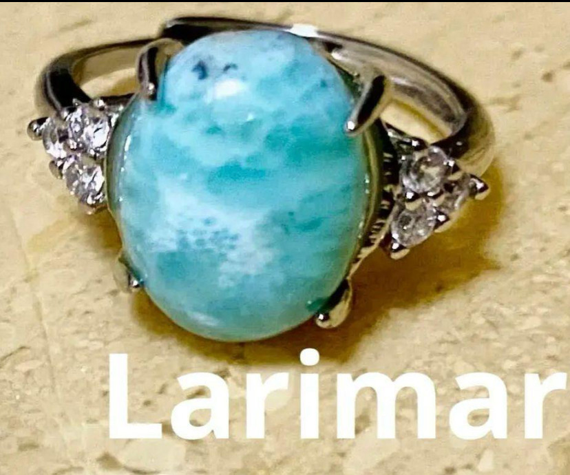 Larimarラリマー天然石リング　控えめなキュービックジルコニア　フリーサイズ