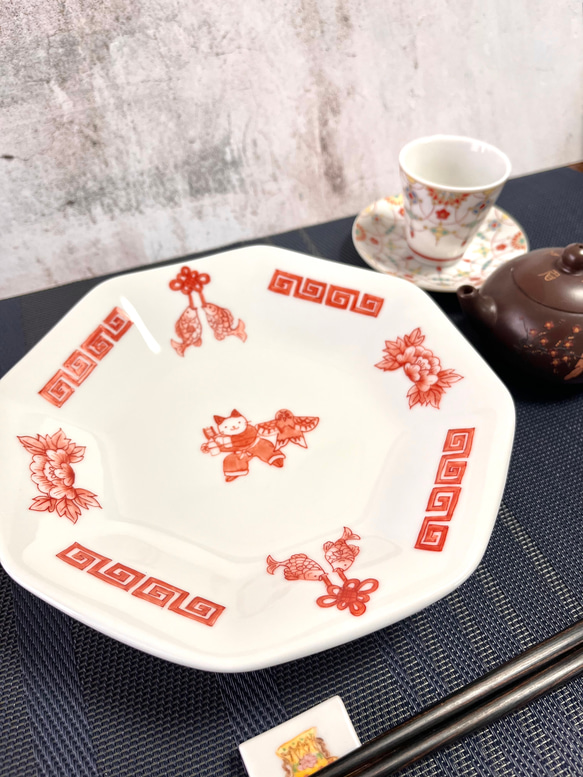 唐子風猫の中華料理を楽しむ八角皿 手描きの器 中皿 neko opera 通販