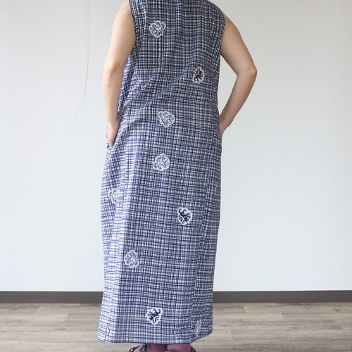 着物リメイク 格子に竜浴衣前フリルノースリーブワンピース ワンピース