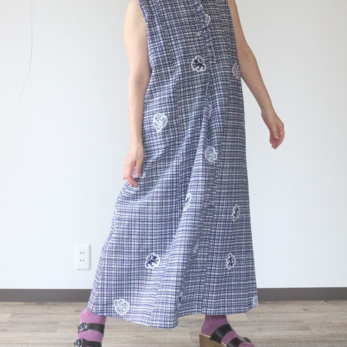 着物リメイク 格子に竜浴衣前フリルノースリーブワンピース ワンピース