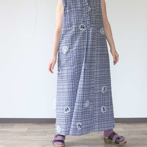 着物リメイク 格子に竜浴衣前フリルノースリーブワンピース ワンピース