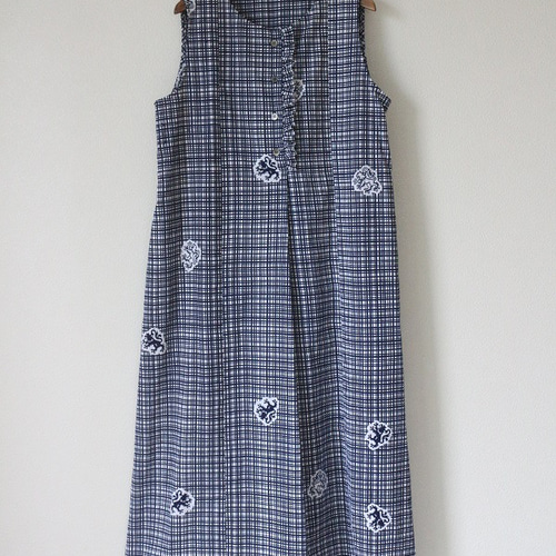 着物リメイク 格子に竜浴衣前フリルノースリーブワンピース ワンピース