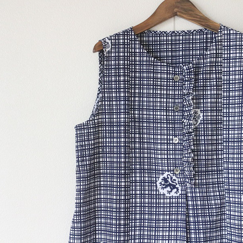 着物リメイク 格子に竜浴衣前フリルノースリーブワンピース ワンピース