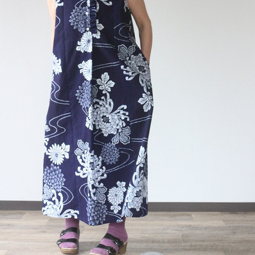 着物リメイクノースリーブワンピース＆羽織 着物リメイク 水流に菊模様浴衣前フリルノースリーブワンピース