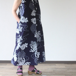 着物リメイク 水流に菊模様浴衣前フリルノースリーブワンピース