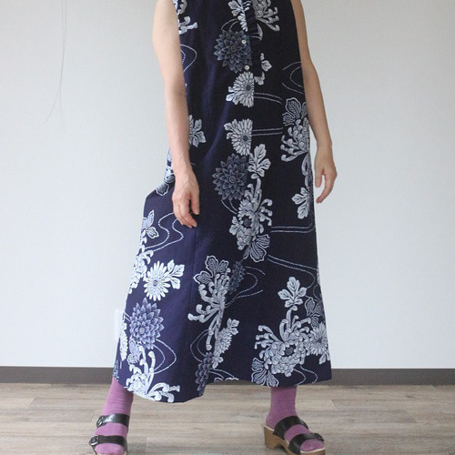 浴衣リメイク（男)ノースリーブワンピース まとめ（二枚) ☆浴衣リメイク☆ カシュクールワンピース (長袖／ネイビー／三升と