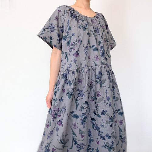 リネンの半袖ワンピース＊ナチュラル花柄＊ゆったりリラックス＊国産  