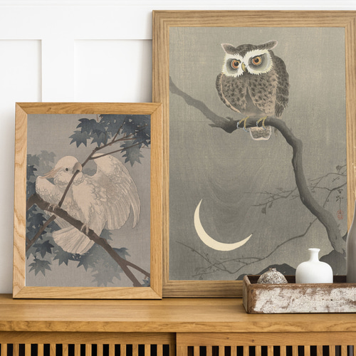 NO.578】フクロウと三日月の日本画アートポスター☆和室インテリア