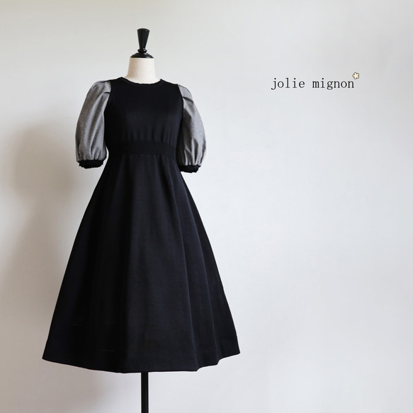 ジョリーミニョンjolie mignonホールガーメントパフスリーブワンピース ホールガーメント 異素材ギンガムチェック パフスリーブ