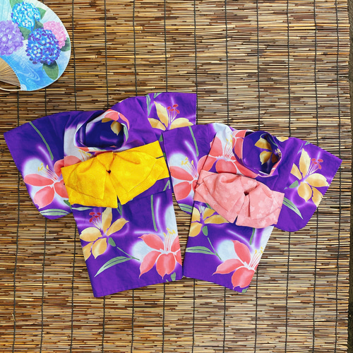 犬の浴衣✨本染本格浴衣 紫×サーモンピンク・黄色 犬服 ペット服 