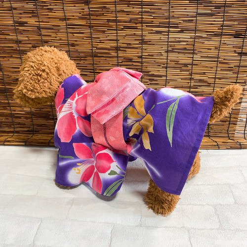 犬の浴衣✨犬用本格本染浴衣 ピンク×紫青花柄 XS 犬服 犬の浴衣✨犬用本格本染浴衣 ピンク×紫青花柄 XS