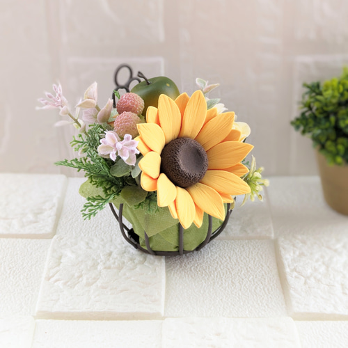 ❀クレイフラワー❀おしゃれ♪ひまわりとバラ♫お手入れ不要 枯れない