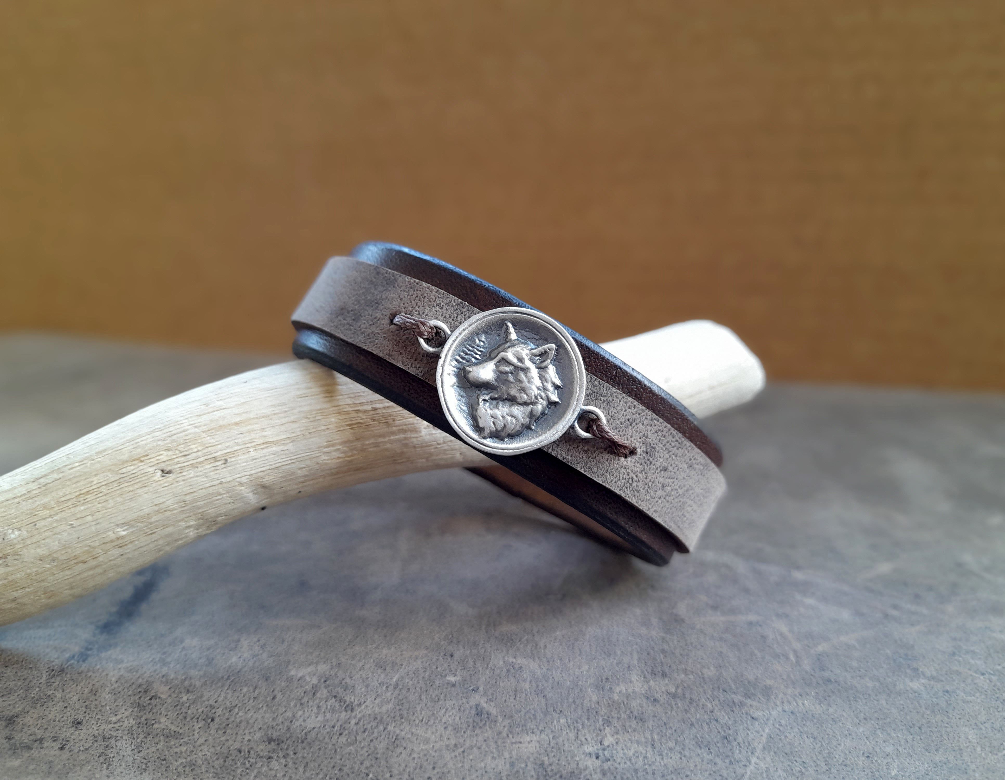Silver 925 Wolf Bracelet, Full Grain Leather Adjustable Cuff