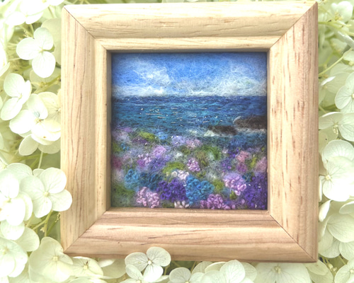 ムラサキハナナに誘われて　羊毛フェルト　フレーム　羊毛絵画　ハンドメイド ムラサキハナナに誘われて 羊毛フェルト フレーム 羊毛絵画