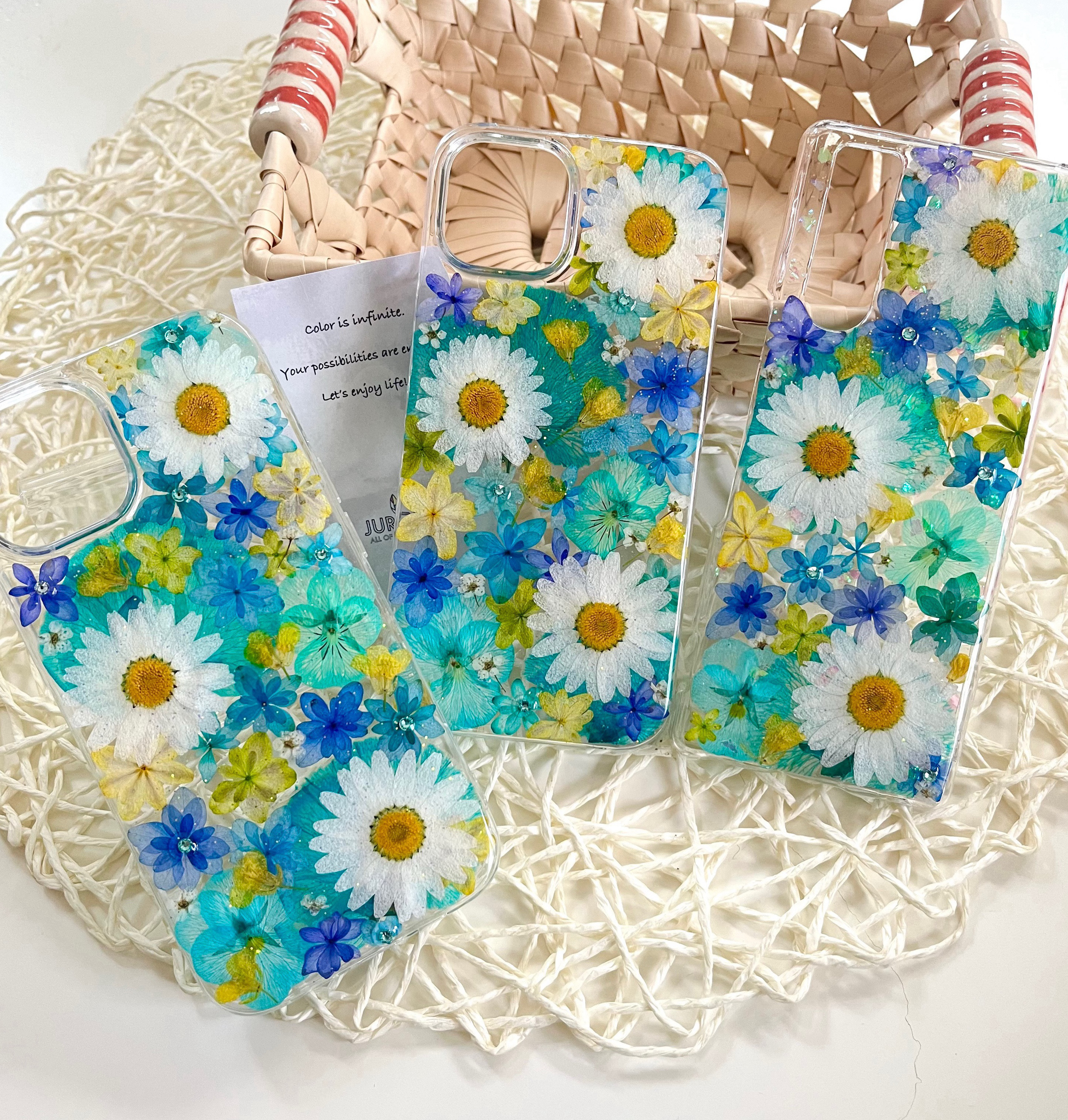 紫陽花たっぷりイエローブルーの押し花スマホケース　iphone/GALAXY/AQUOS/xperia/pixel