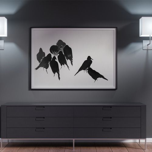 NO.581】カラスの群れ日本画アートポスター☆白黒絵画風景画和室