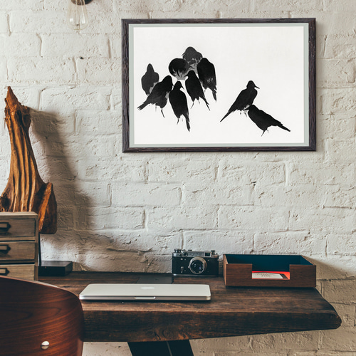NO.581】カラスの群れ日本画アートポスター☆白黒絵画風景画和室