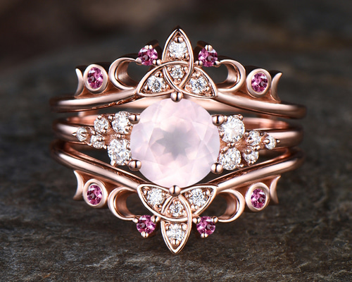 天然ローズクォーツリングセットユニークなムーンリング10月の誕生石