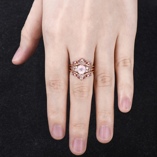 天然ローズクォーツリングセットユニークなムーンリング10月の誕生石