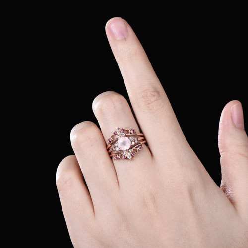 天然ローズクォーツリングセットユニークなムーンリング10月の誕生石