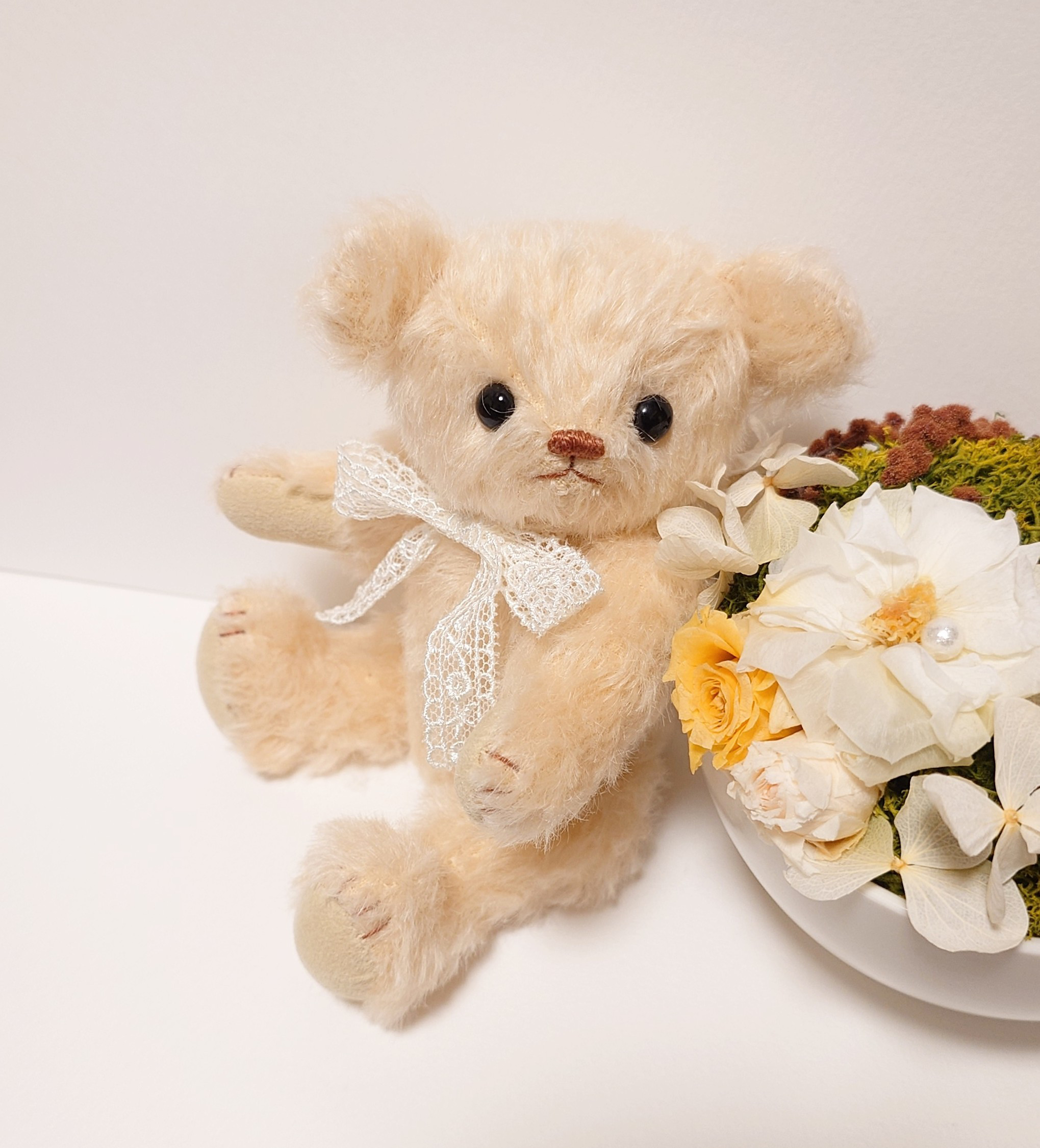 Daisy ホワイトモヘアのベルリンベア ホワイトオレンジモヘア テディベア 17.5cm ぬいぐるみ yukumao