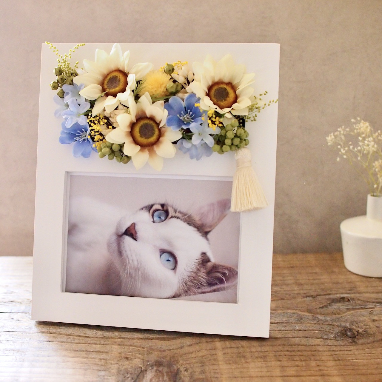 花とともに偲ぶ　フォトスタンドお供え花　/　アーティフィシャルフラワー　仏花　ペットのお供え