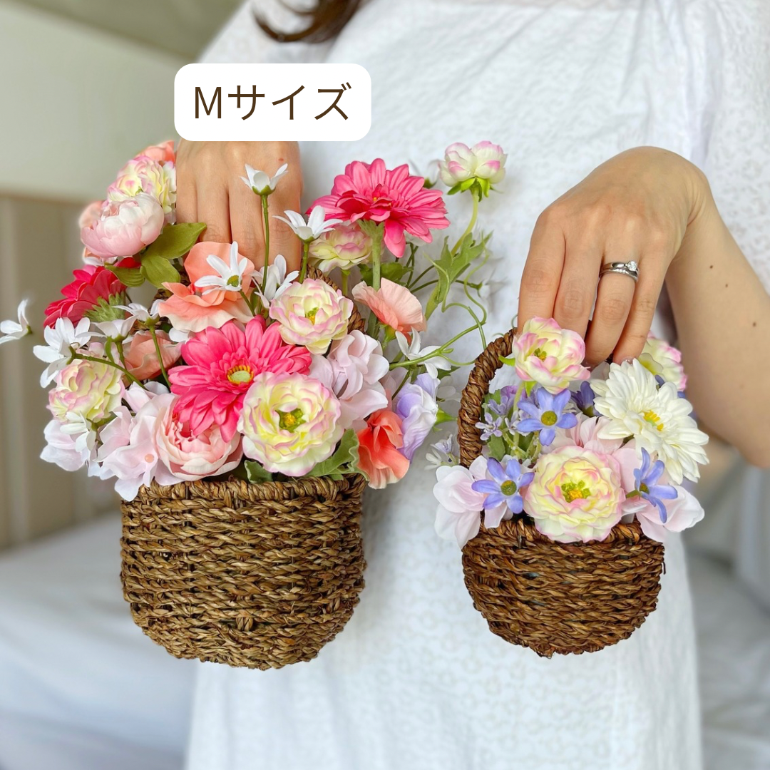 韓国っぽ♡フラワーバスケット/送別　卒業　入学　ホワイトデー/Mサイズ　メッセージカード付き　アーティフィシャルフラワー