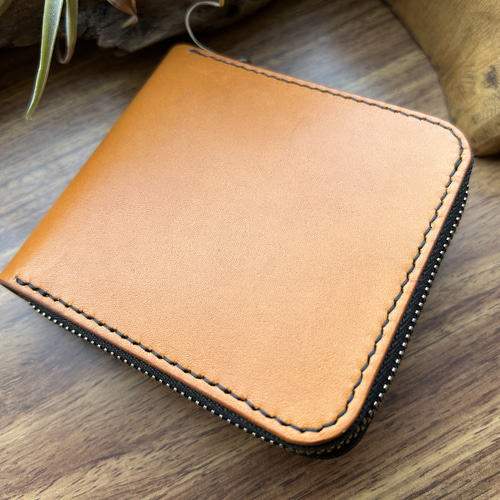 国産レザー】ラウンドファスナー 二つ折り財布 手縫い キャメルカラー