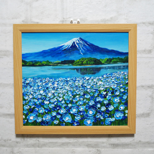 油絵 油彩 油彩画 絵 絵画【ネモフィラと富士山】