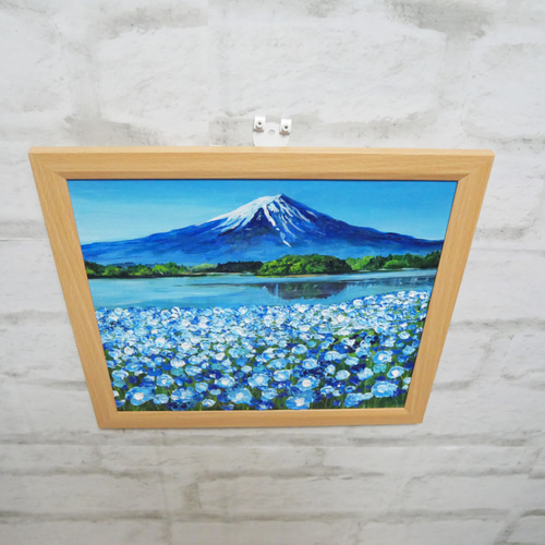 油絵 油彩 油彩画 絵 絵画 【ネモフィラと富士山】 油絵 油彩 油彩画 絵 絵画【富士山とネモフィラの美しき湖の鏡