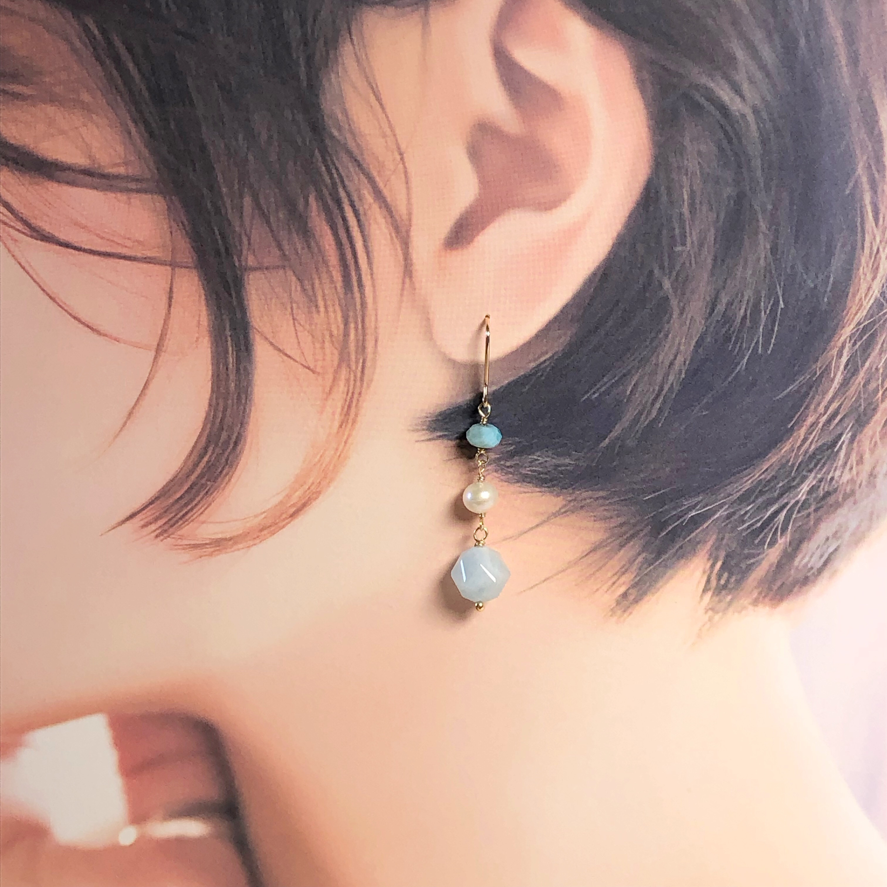 《  14kgfピアス》ミルキーアクアマリンスターラウンドピアス