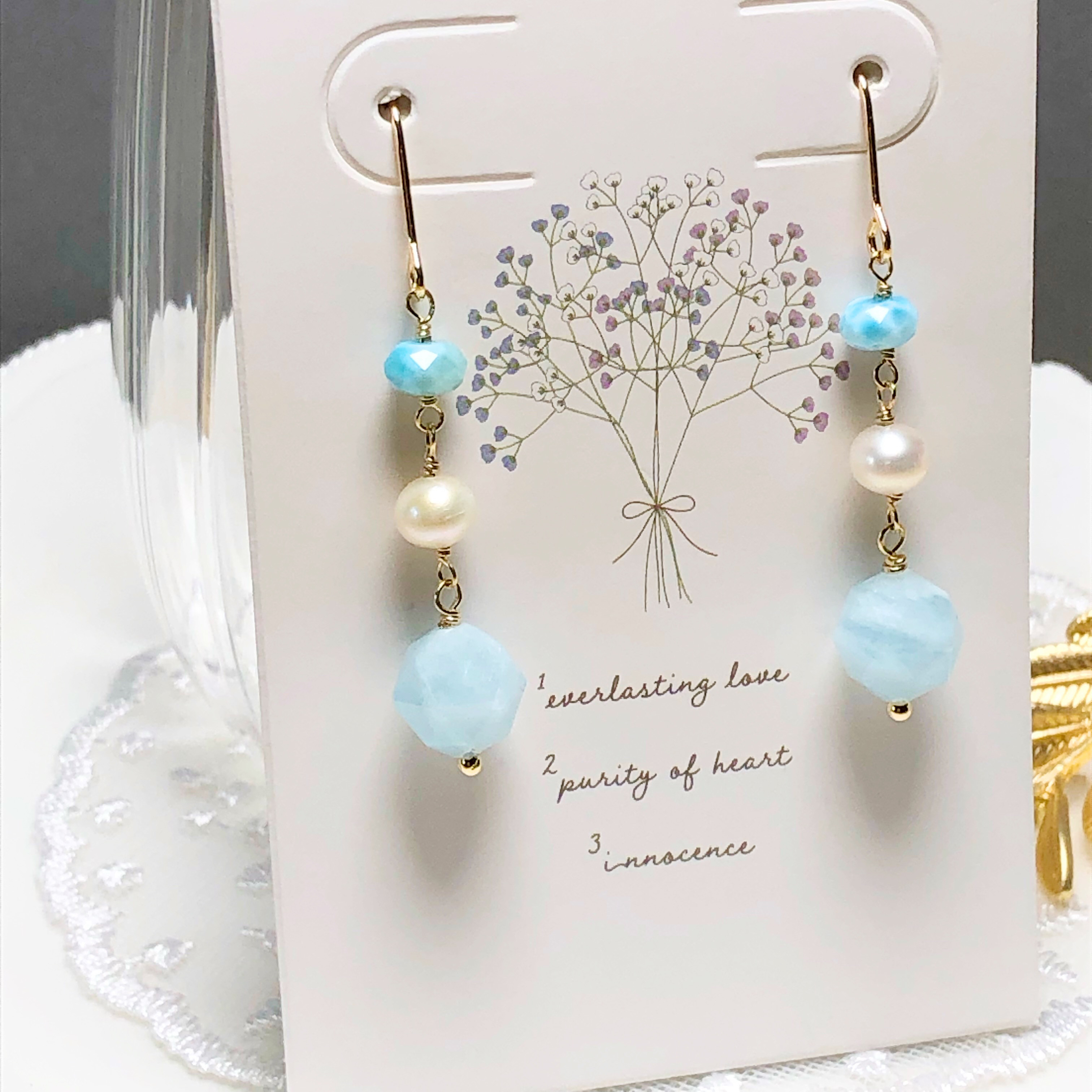 《  14kgfピアス》ミルキーアクアマリンスターラウンドピアス