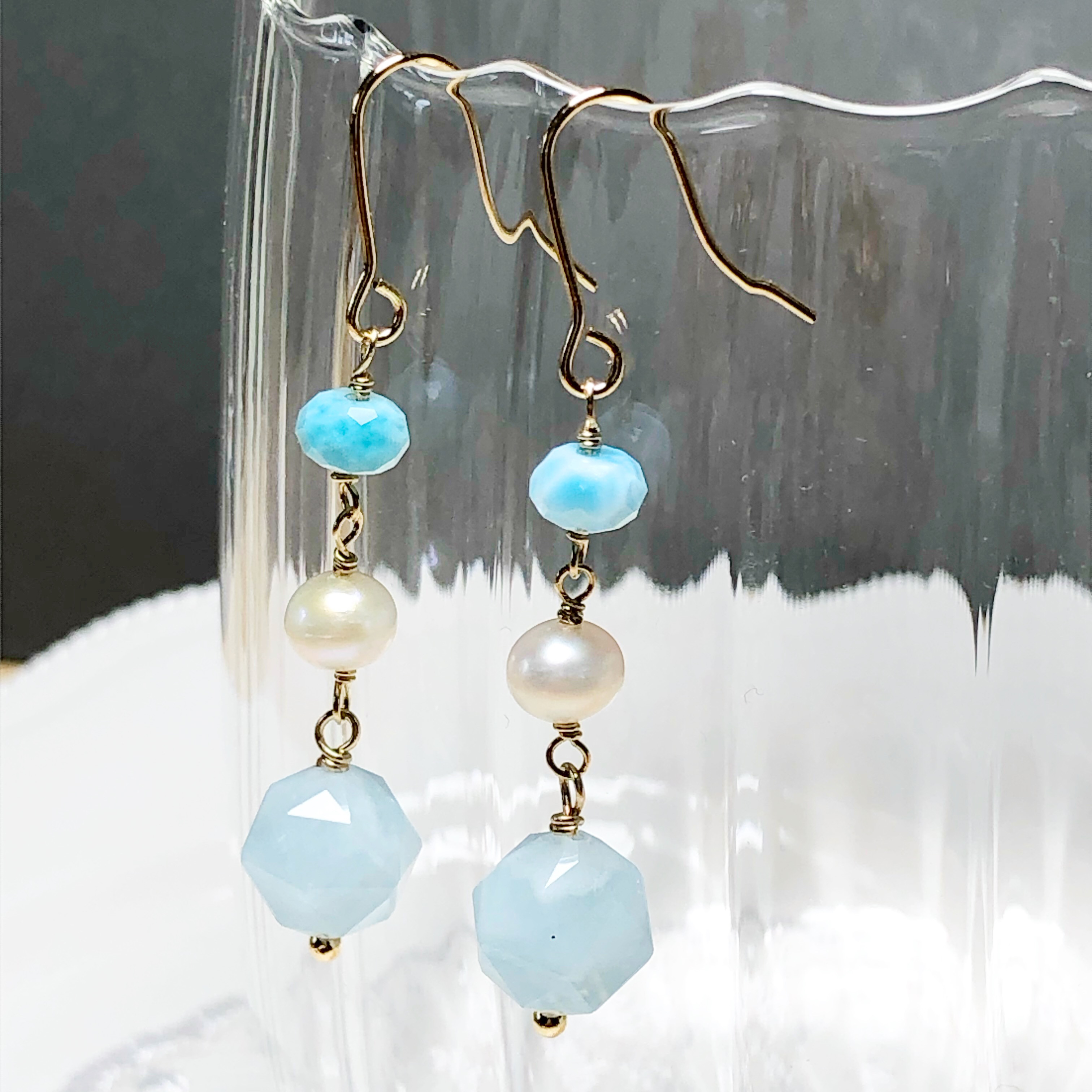 《  14kgfピアス》ミルキーアクアマリンスターラウンドピアス