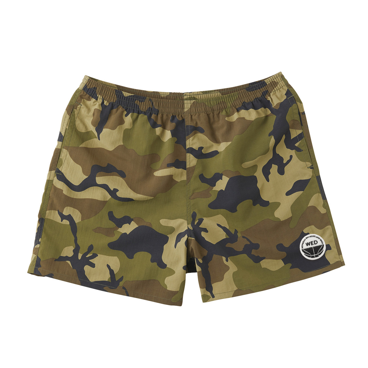 ナイロンショーツ【カモフラージュ】 刺繍ワッペン WEDNESDAY GYM HOOPS JUMP SWISH