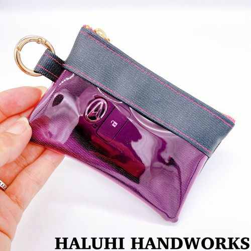 デニム×ピンク クリアポーチ カードケース スマートキー 仕切り