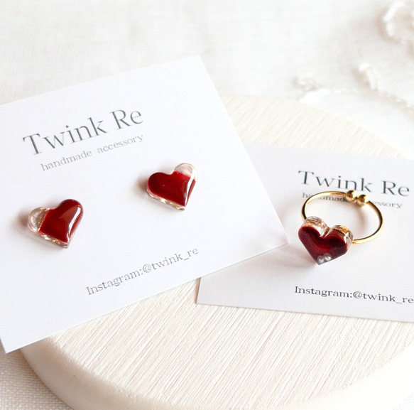 2点セット 赤 ハート ピアス イヤリング＆ピンキーリング 小ぶり