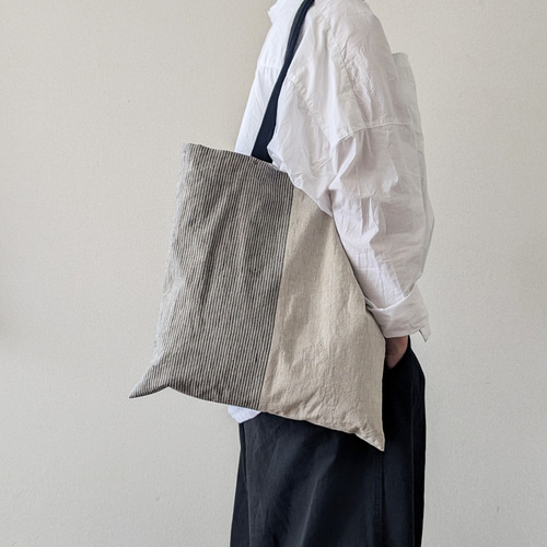 リネンのぺたんこトートバッグ△ストライプ ツートン ショルダー A4 