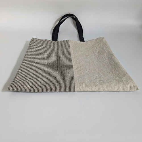 リネンのぺたんこトートバッグ△ストライプ ツートン ショルダー A4 