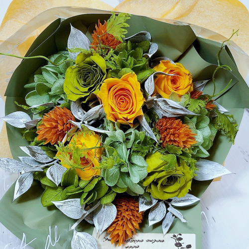 ミニバラと紫陽花のミニブーケ プリザーブドフラワー オレンジ 