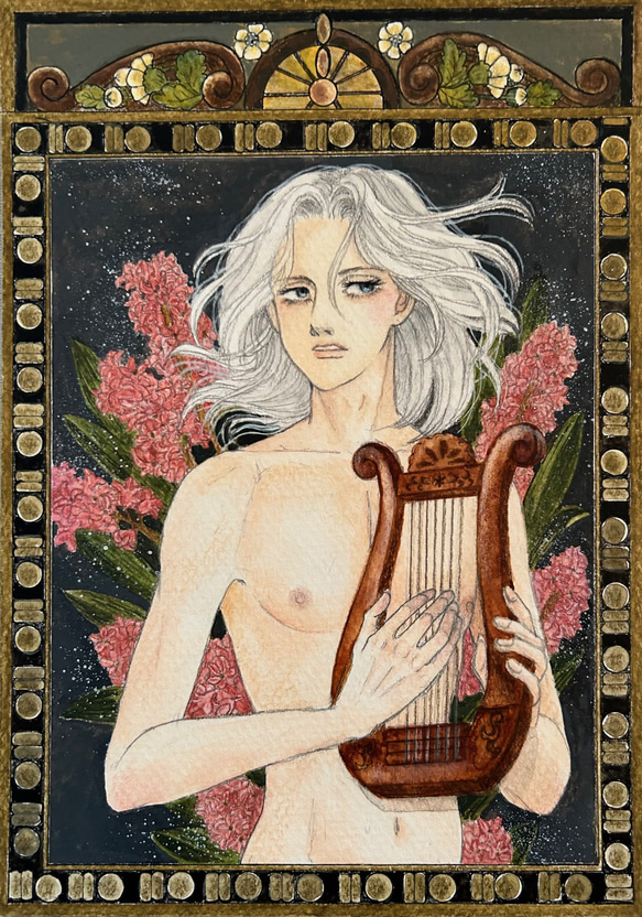 水彩画(サンダーソニア)　原画マットあり　おまとめ２点 水彩画(サンダーソニア) 原画マットあり おまとめ2点 水彩画