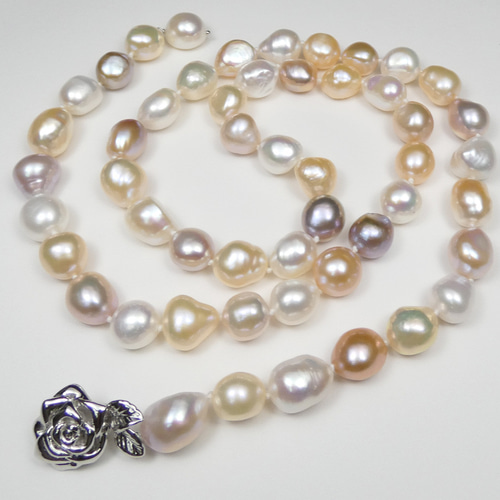 パールラリエットネックレス セミロング 天然大粒真珠10-11mm マルチ