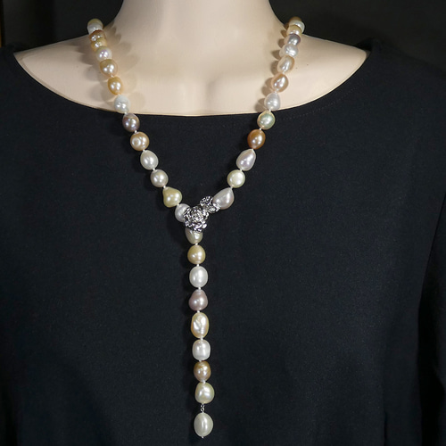 パールラリエットネックレス セミロング 天然大粒真珠10-11mm マルチ