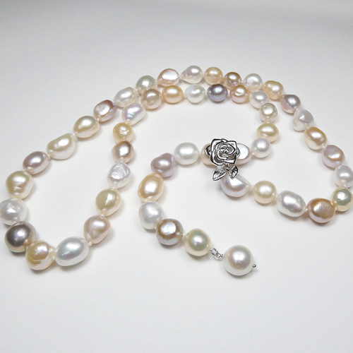 パールラリエットネックレス セミロング 天然大粒真珠10-11mm マルチ
