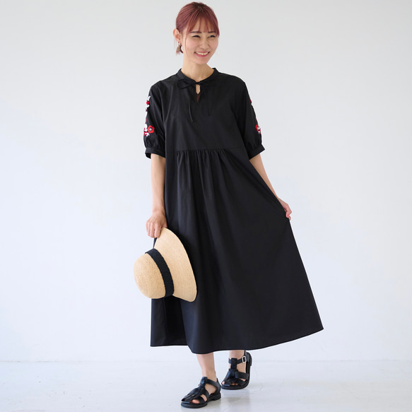 ﾓﾘﾉｶﾞｯｺｳ シワになりにくい エスニック刺繍ワンピースドレス(ブラック)｜mg-op18-bk 1枚目の画像