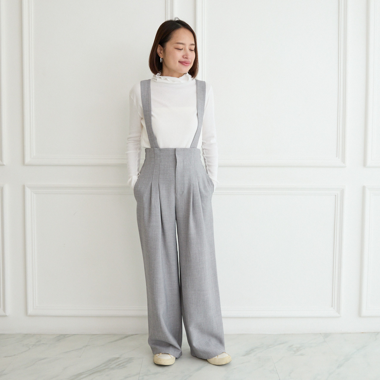 【3サイズ】着回し抜群 肩紐を取り外せる 2Way 大人女子なハイウエストサロペット　グレー　0634Grey