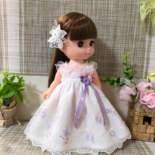 薄紫小花刺繍ドレス☆26cmドール服＊ ソランちゃん服 レミンちゃん服  