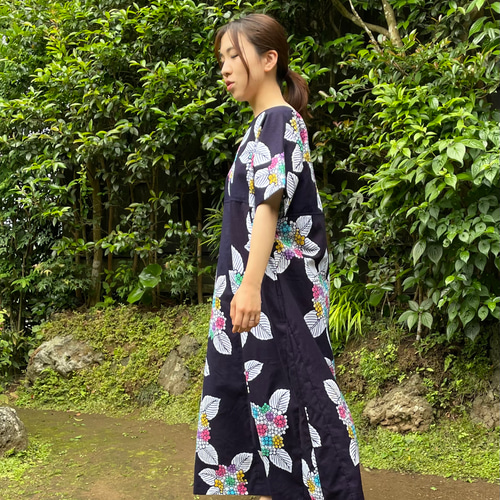 紫陽花の花 浴衣リメイク ドルマンスリーブワンピース