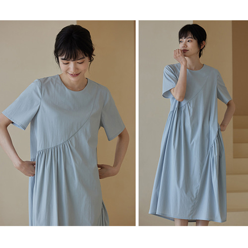 半袖丸襟ワンピース 分割線入り花びら形のワンピース ブルー S-XL #542