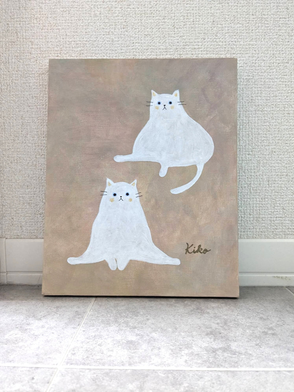キャンバスアート　原画　「２匹の白い猫」 1枚目の画像
