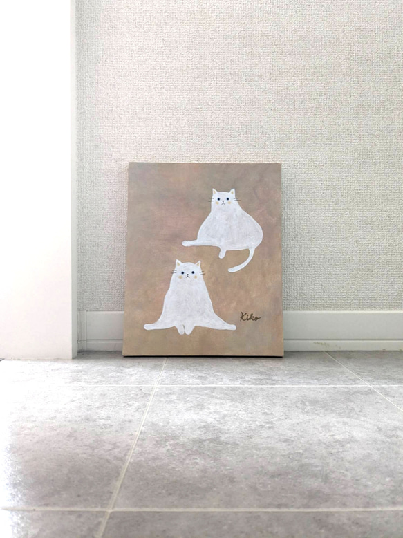 キャンバスアート　原画　「２匹の白い猫」 2枚目の画像